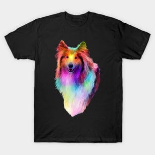 Rainbow Psychedelic Rough Coated Collie Dog Portrait T-Shirt